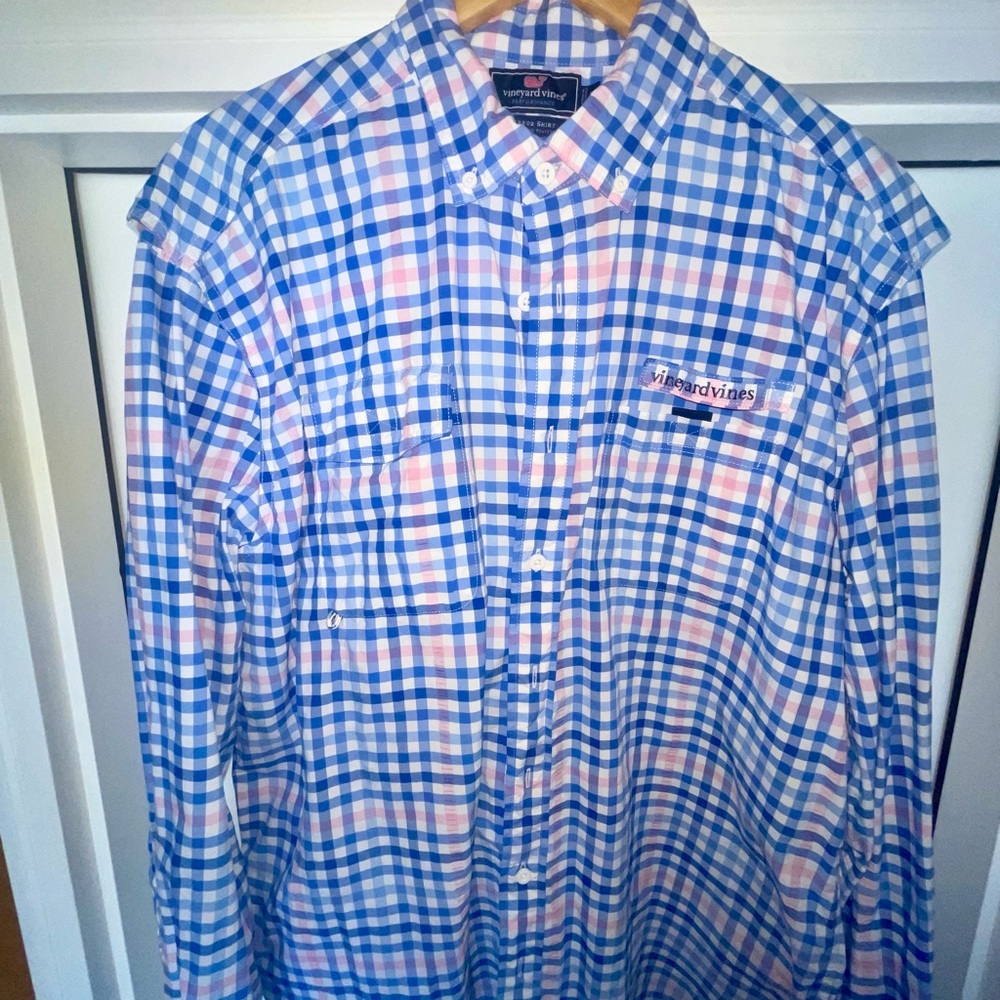 Vineyard Vines Men's Blue and Pink Plaid Shirt